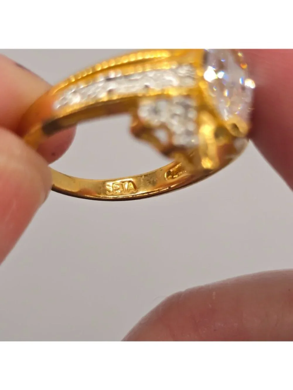 Vintage SETA Ring Gold Tone Marquise Cut Sz 5 Signed Engagement Costume Jewelry